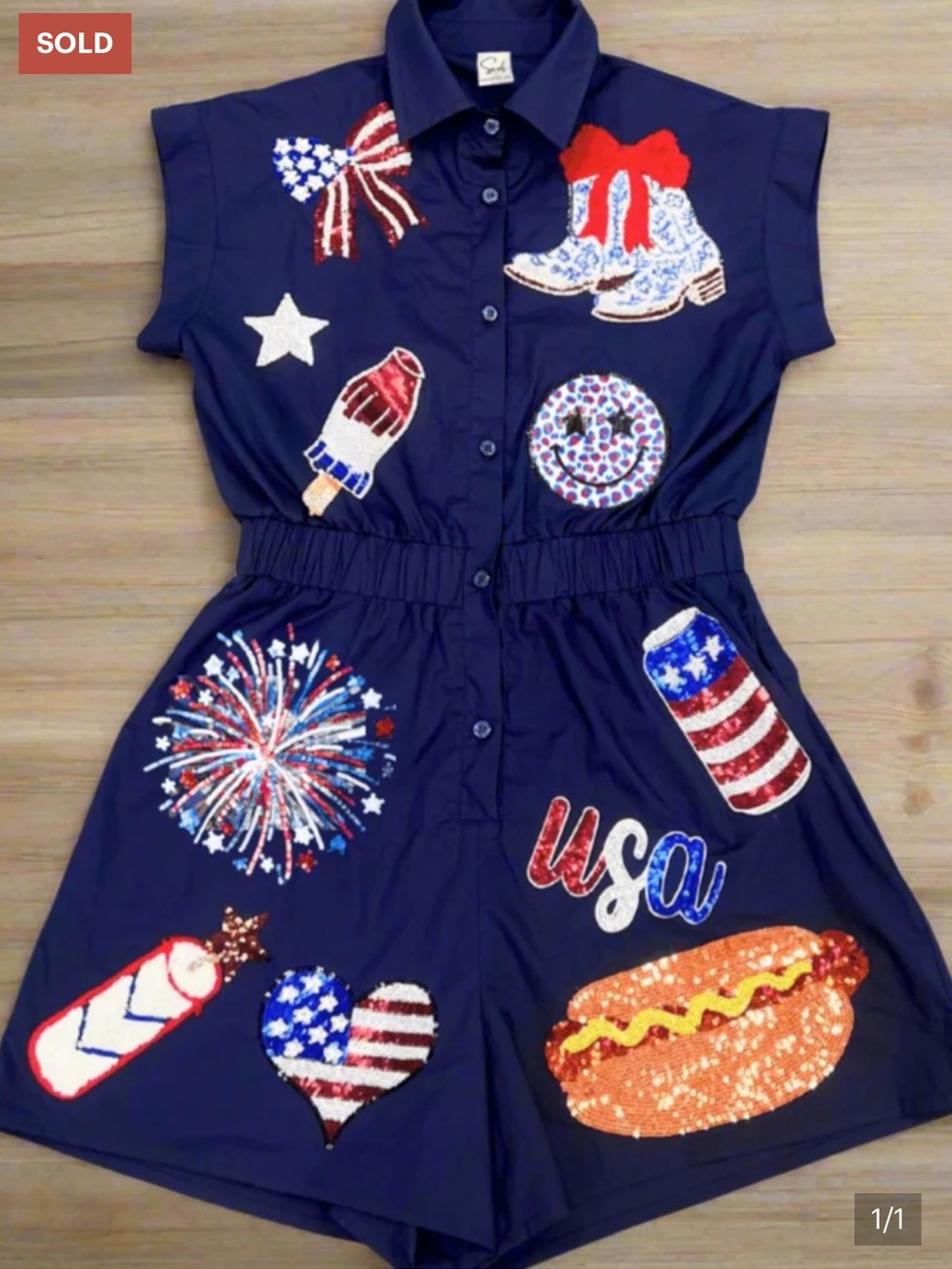 Navy Sequin Patch USA Romper - Patriotic 4th of July